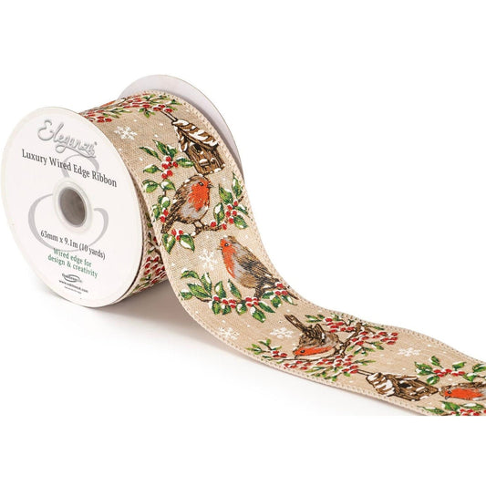 ribbon Christmas robin and bird house wired ribbon - Eleganza