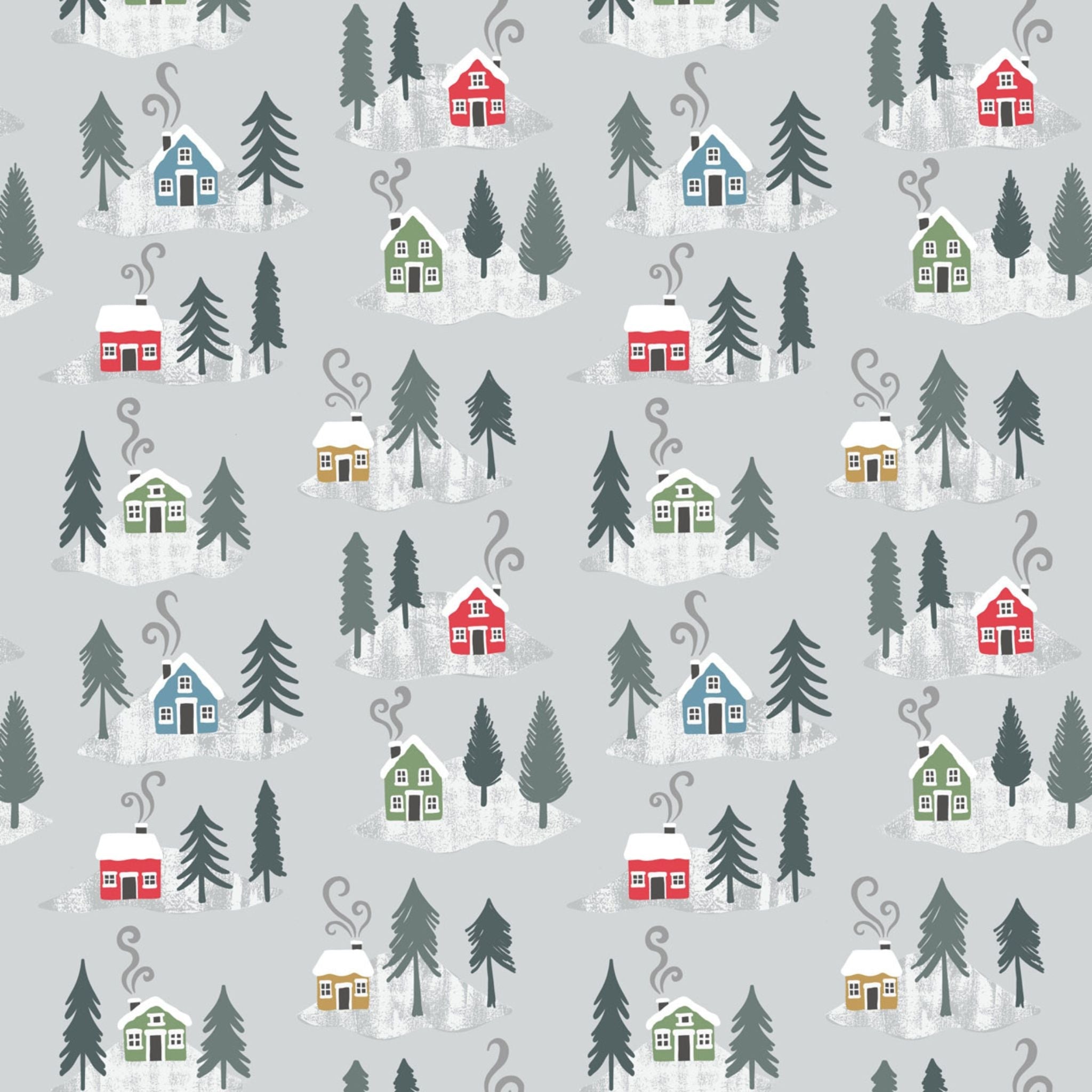 winter alpine village on grey brushed cotton flannel - Snow Day - Lewis & Irene