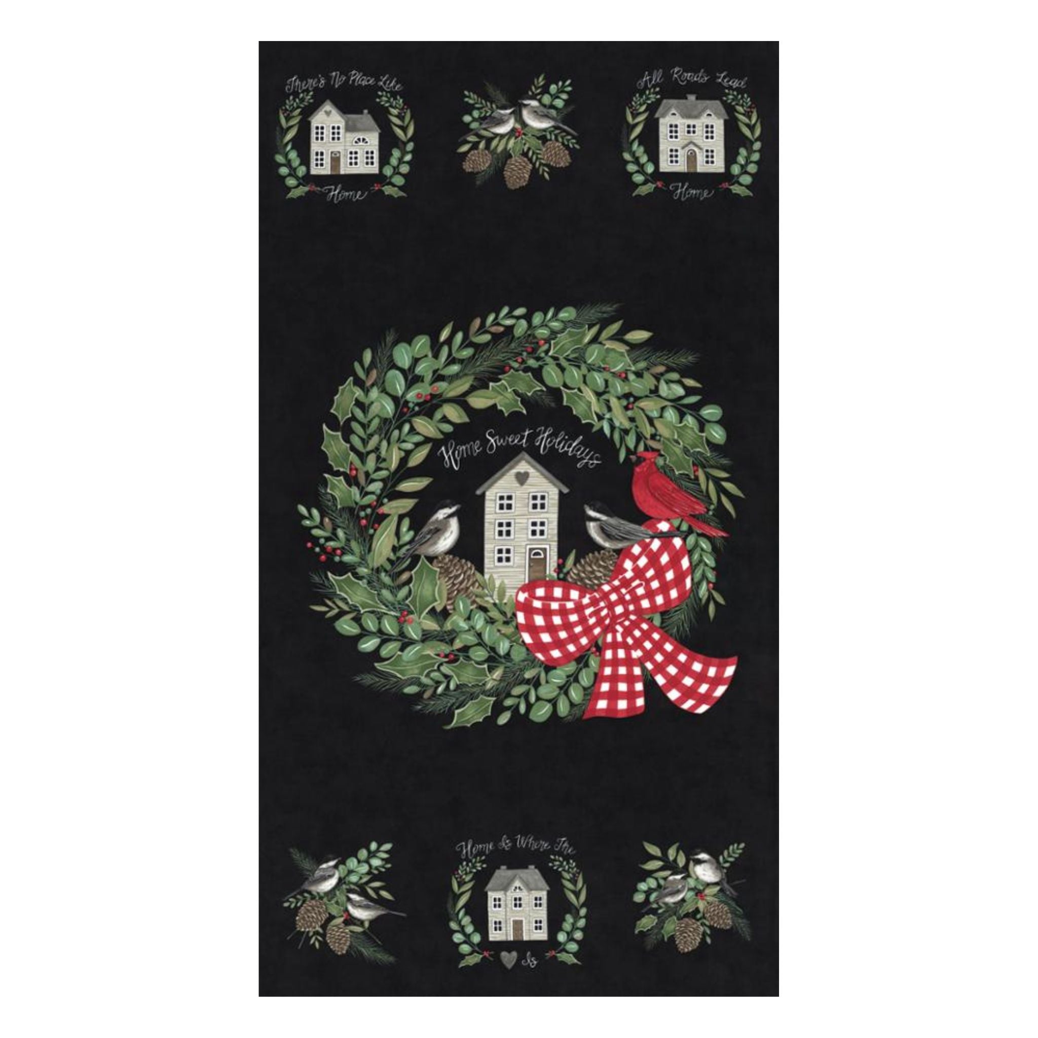 Christmas wreath with birds dn white house on black cotton fabric - Holidays at Home by Moda
