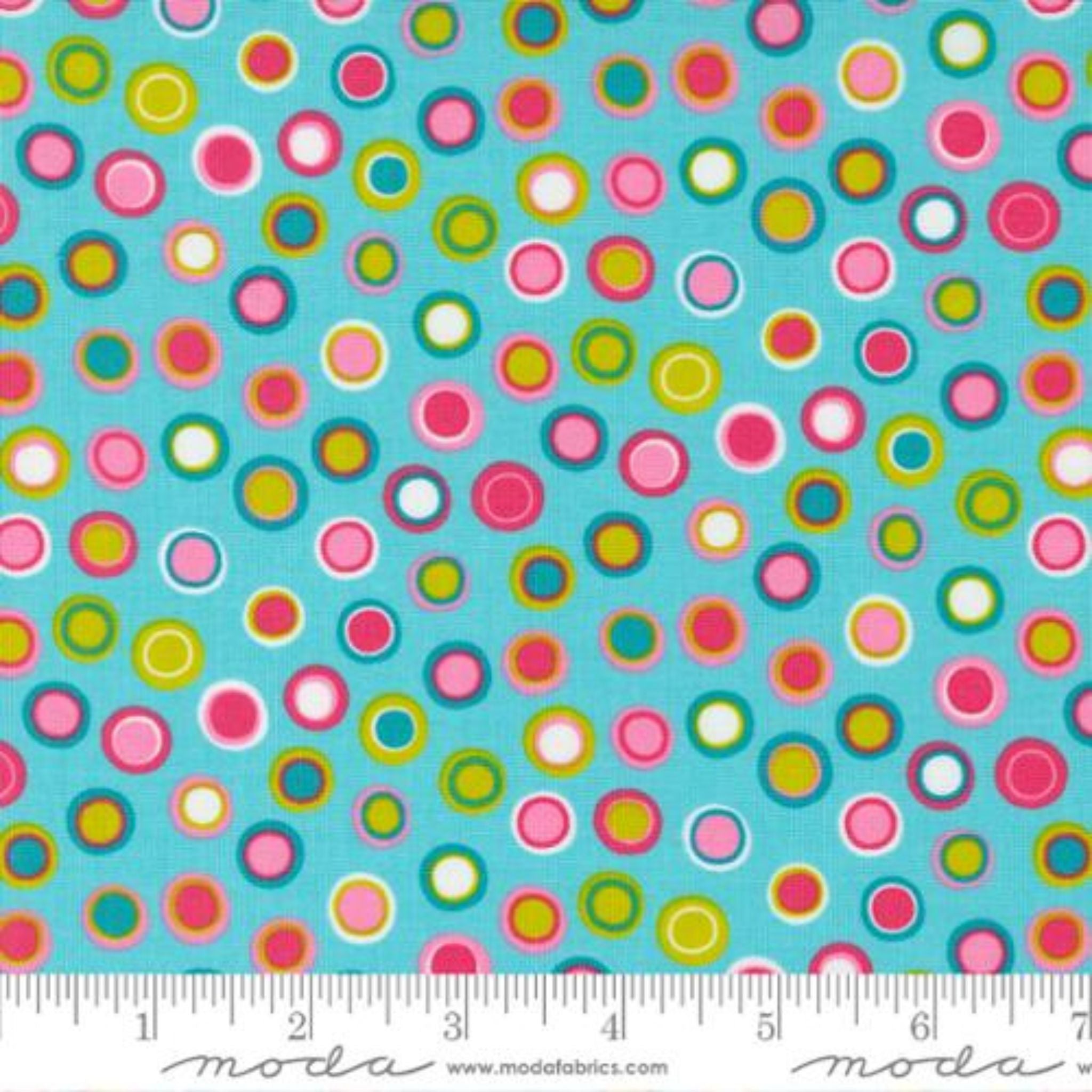 Brightly coloured spots on turquoise fabric - Sweet and Plenty by Moda