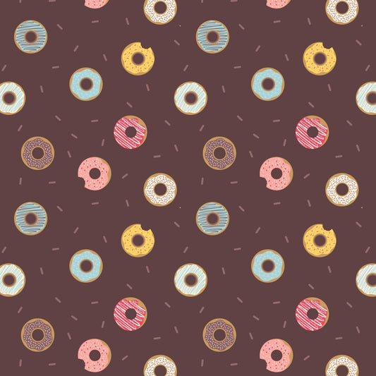 Fabric Colourful Donuts on Brown cotton 'Small Things...Sweet'-Lewis & Irene