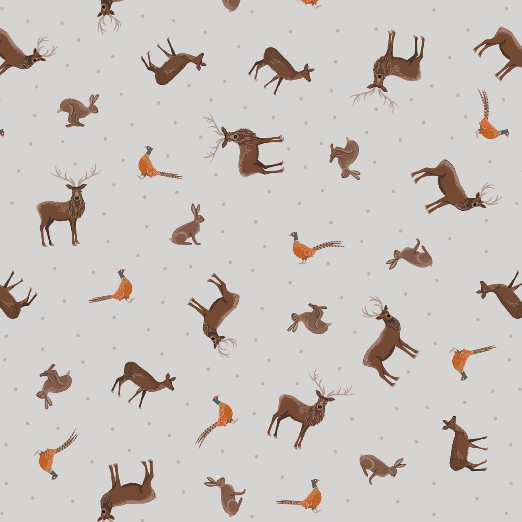 Small pheasants, deer and hares on a grey cotton fabric with a poka dot - Countryside by Lewis and Irene