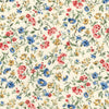 cream vintage style floral fabric with red, yellow and blue flowers - Petite Garden Lawn by Sevenberry