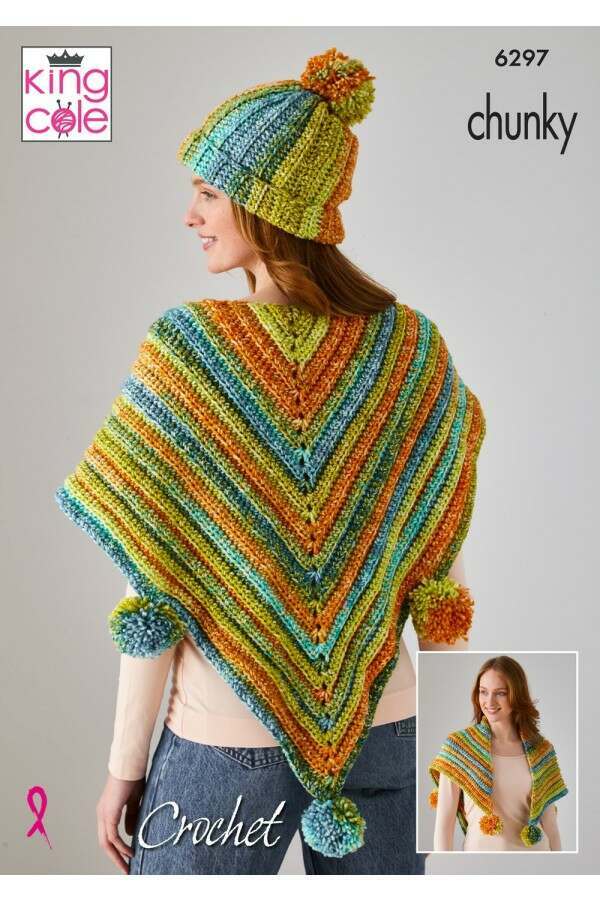 Crochet poncho, scarf and hat pattern - King Cole 6297