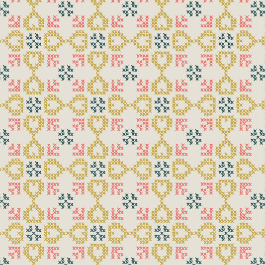 Fabric Cross Stitch Hearts on Cream cotton fabric - Folk Floral by Lewis & Irene