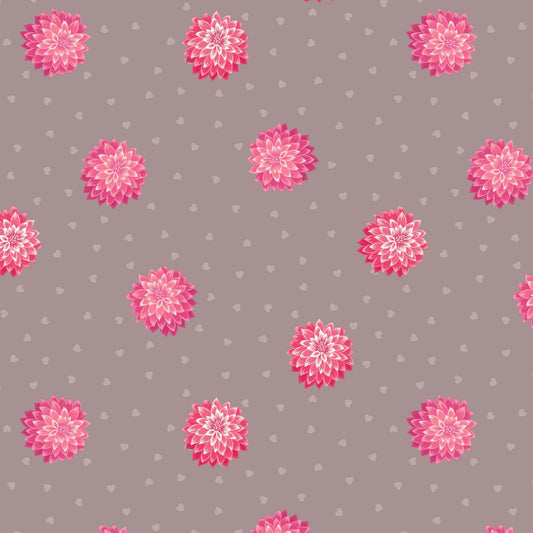 Fabric Dahlia hearts on light brown cotton fabric - Love Blooms by Lewis & Irene