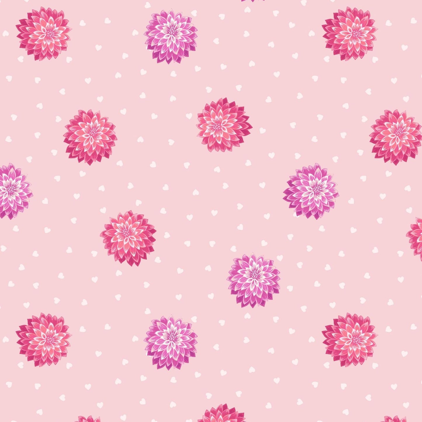 Fabric Dahlia's hearts on pale pink cotton fabric - Love Blooms by Lewis & Irene