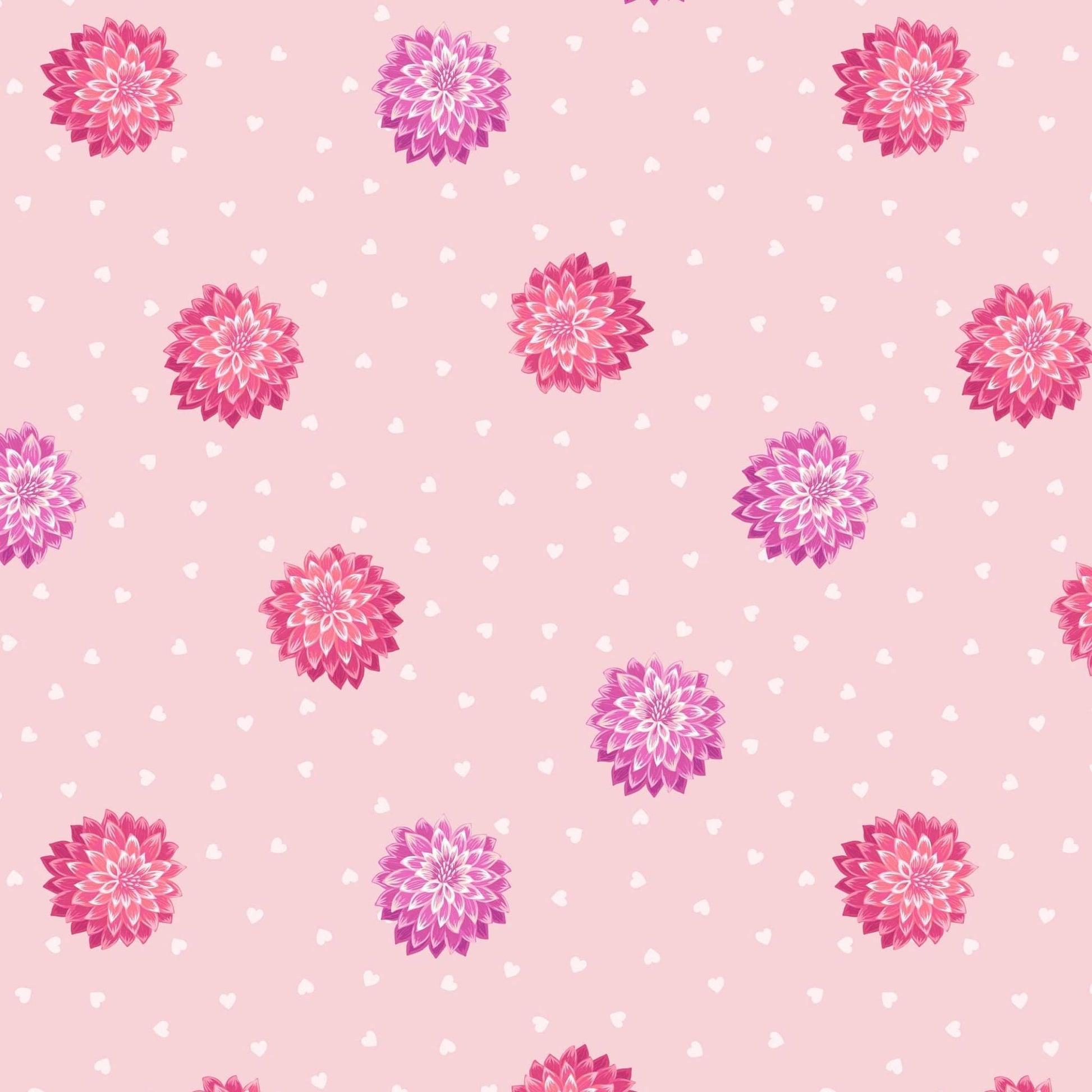 Fabric Dahlia's hearts on pale pink cotton fabric - Love Blooms by Lewis & Irene