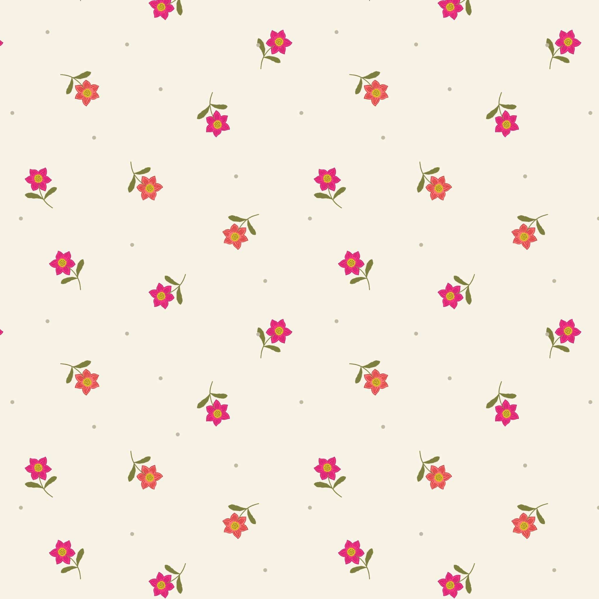 Fabric Daises on a cream cotton fabric 'Hibiscus Hummingbird'