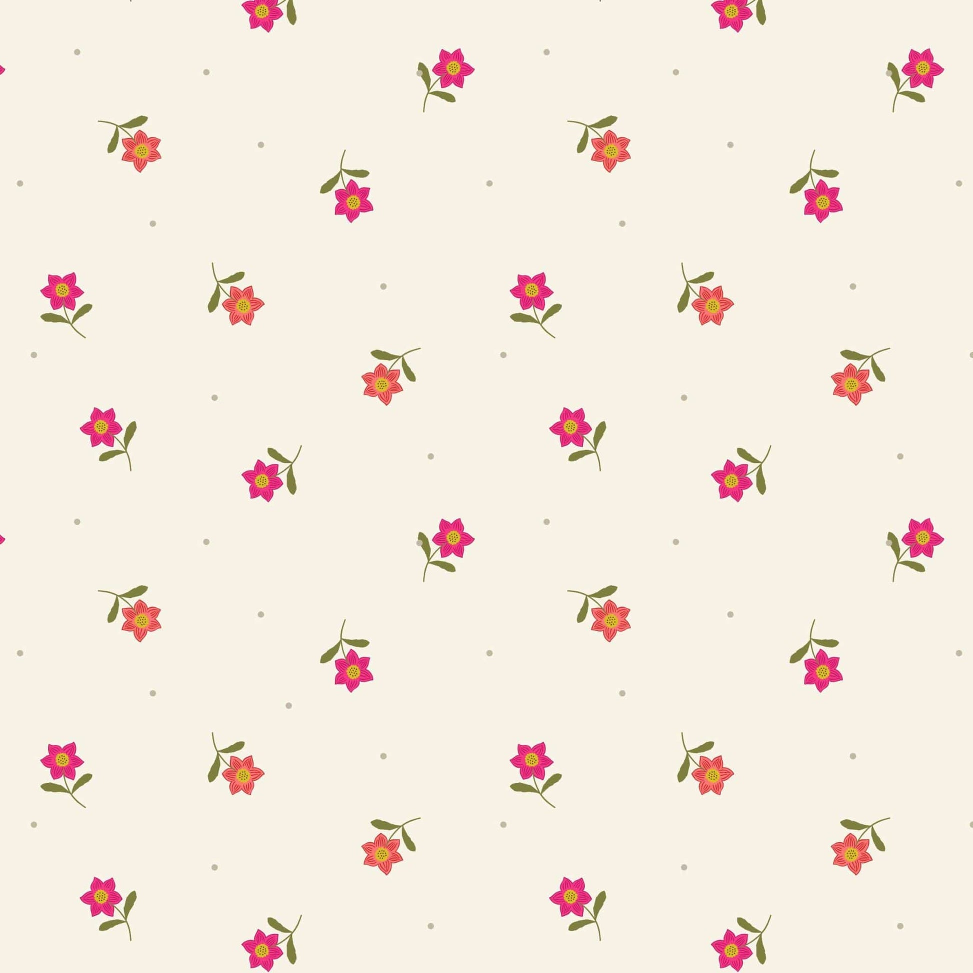 Fabric Daises on a cream cotton fabric 'Hibiscus Hummingbird'