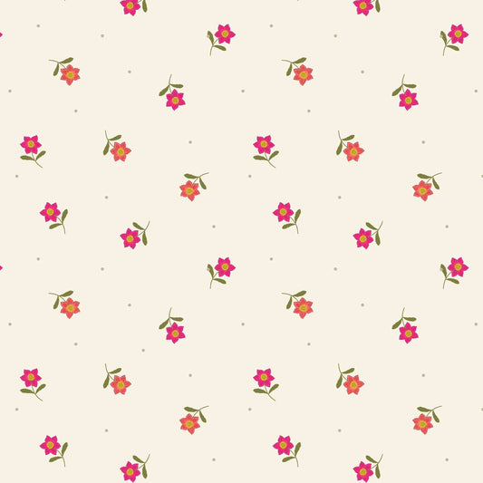 Fabric Daises on a cream cotton fabric 'Hibiscus Hummingbird'
