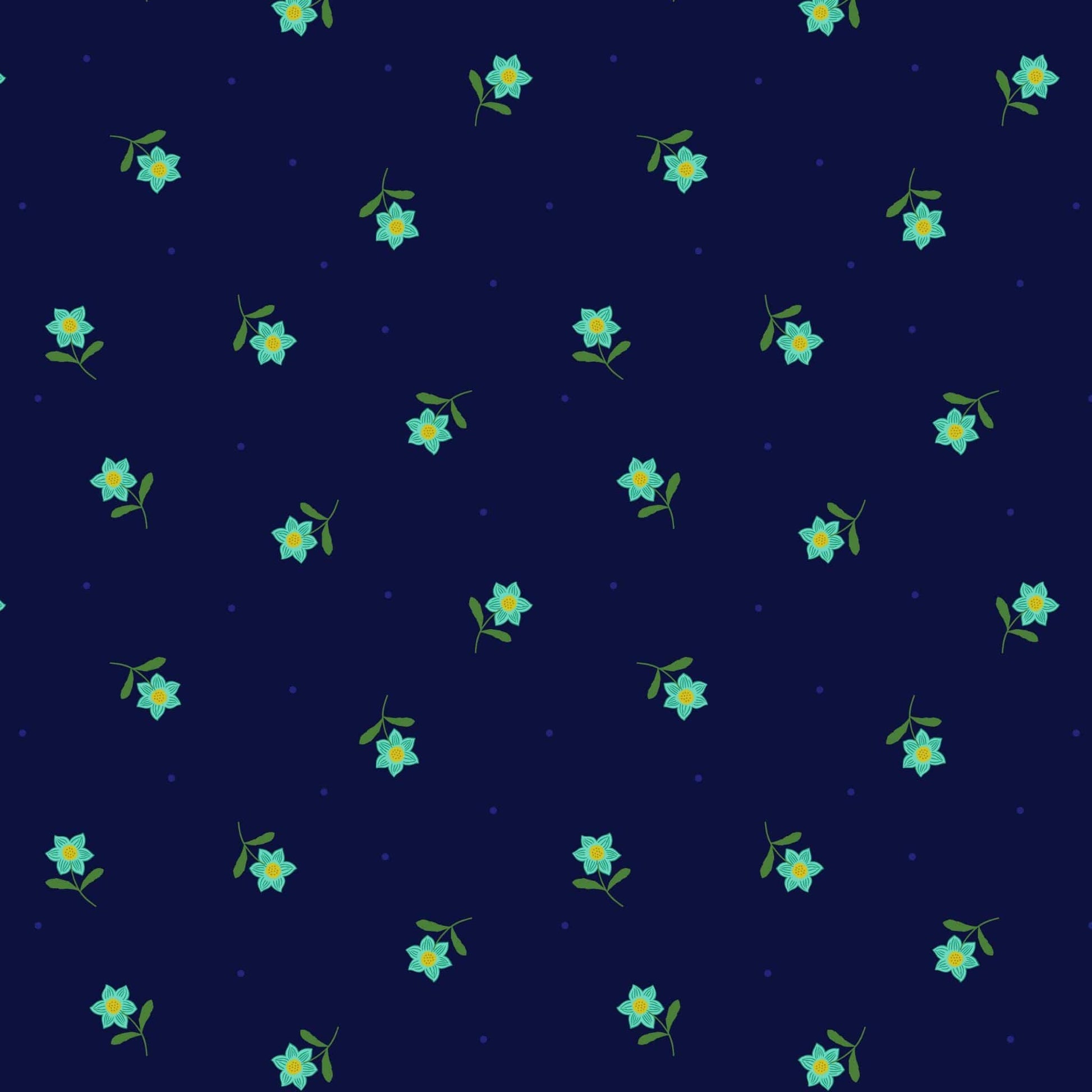 Fabric Daisies on a navy cotton fabric 'Hibiscus Hummingbird'