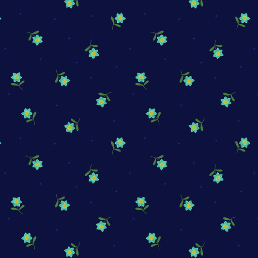Fabric Daisies on a navy cotton fabric 'Hibiscus Hummingbird'
