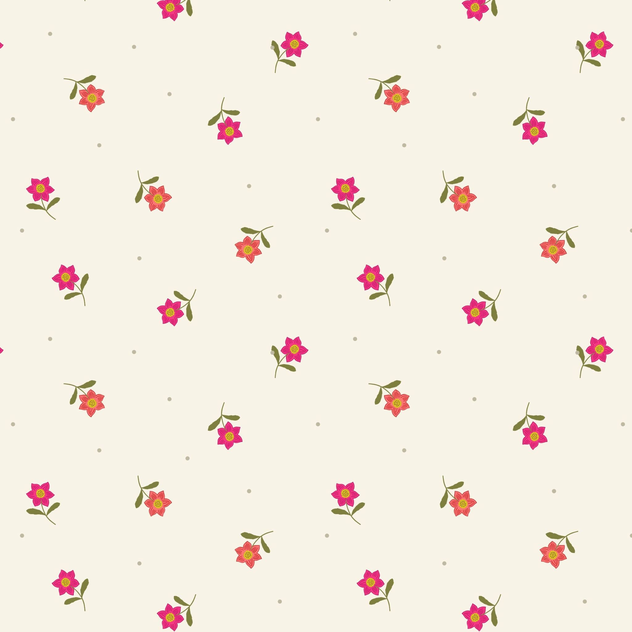 Daises on a cream cotton fabric 'Hibiscus Hummingbird'