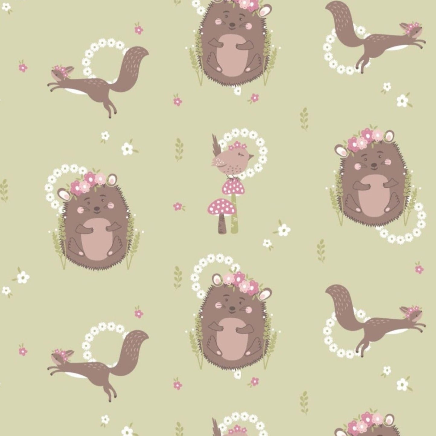Fabric Daisy Chain Hedgehogs, Squirrels and Birds on Green cotton fabric - 'Little Explorer'  Craft Cotton Co.