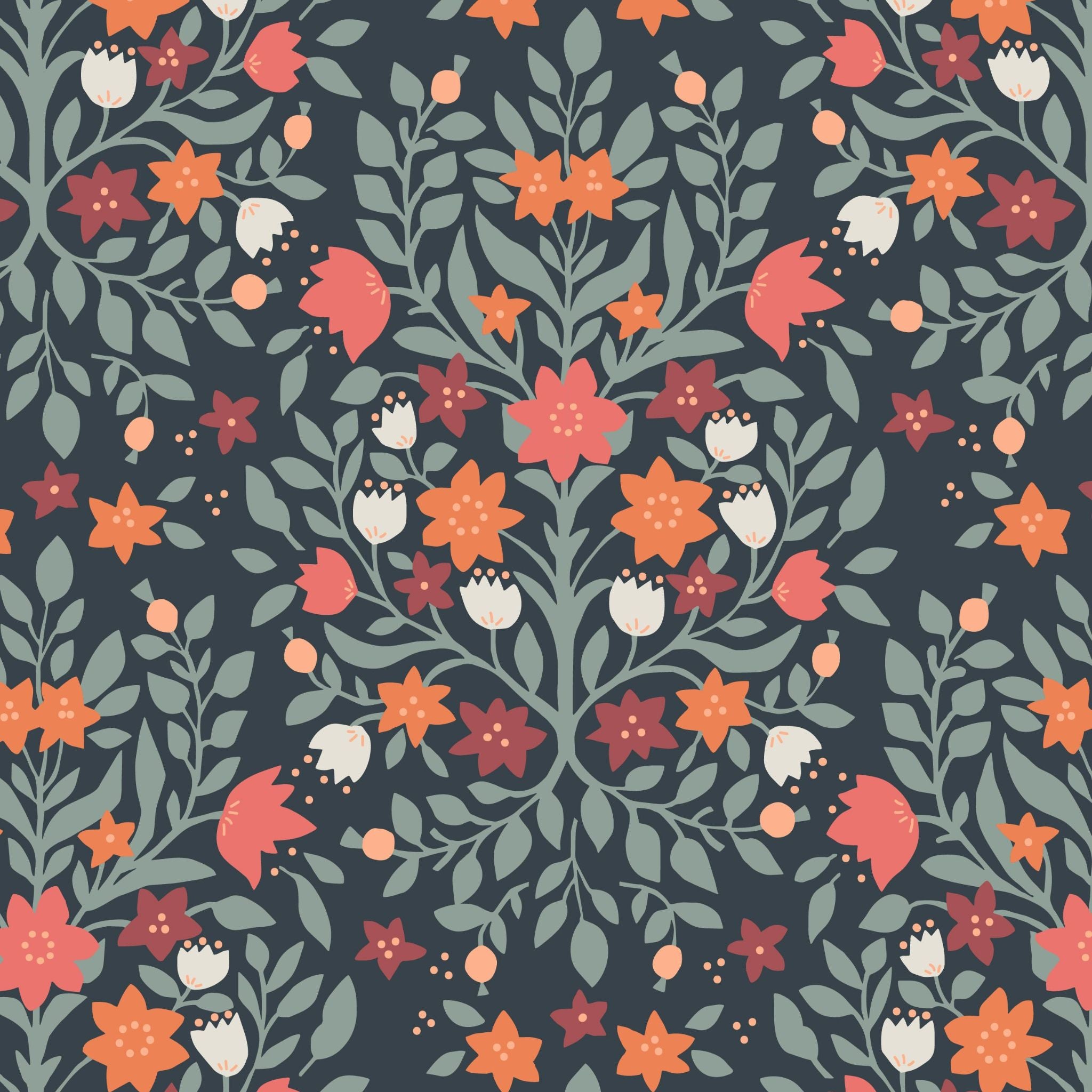 Orange flowers on a damask style cotton fabric - Folk Floral by Lewis and Irenee