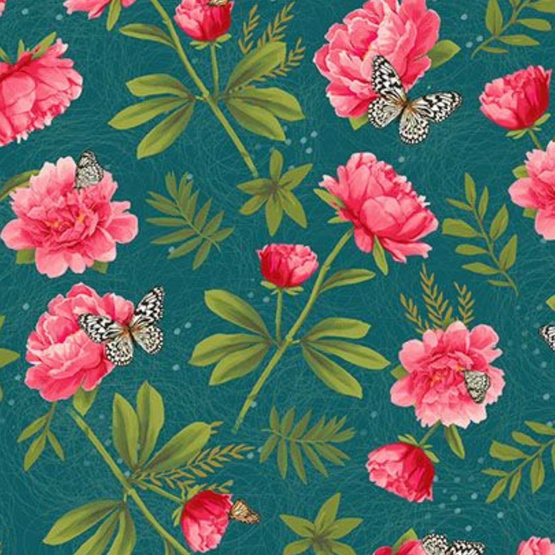 Fabric Dark Teal 'Peacock Garden' 100% cotton fabric - Clothworks