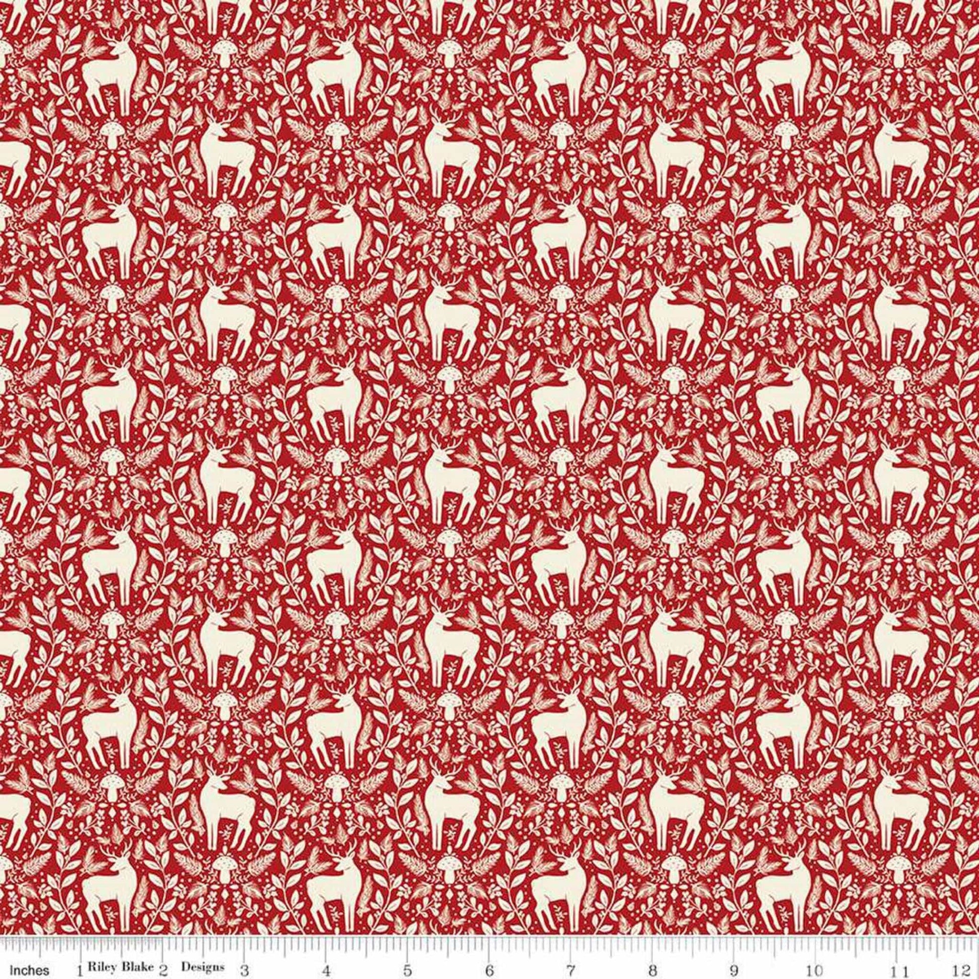 Fabric Deer on red damask cotton fabric - Yuletide Forest - Riley Blake