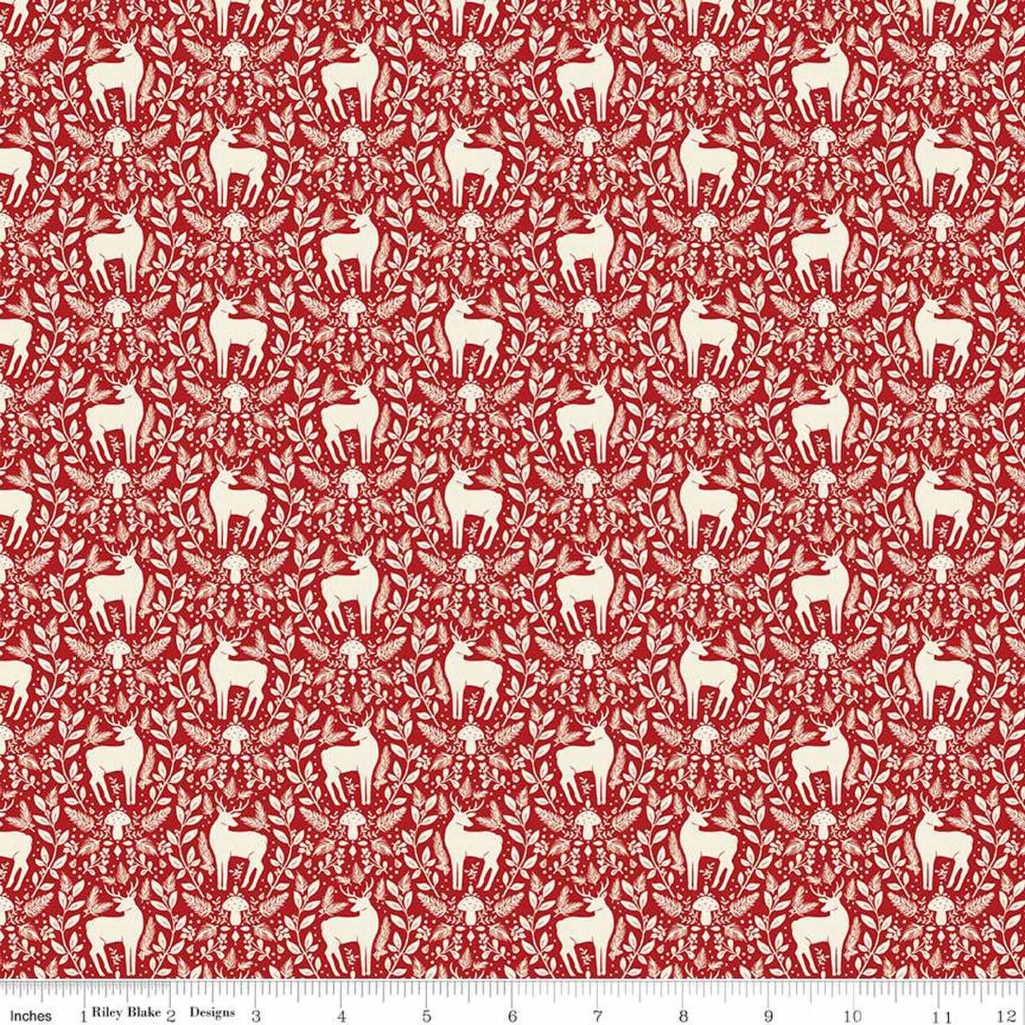 Fabric Deer on red damask cotton fabric - Yuletide Forest - Riley Blake