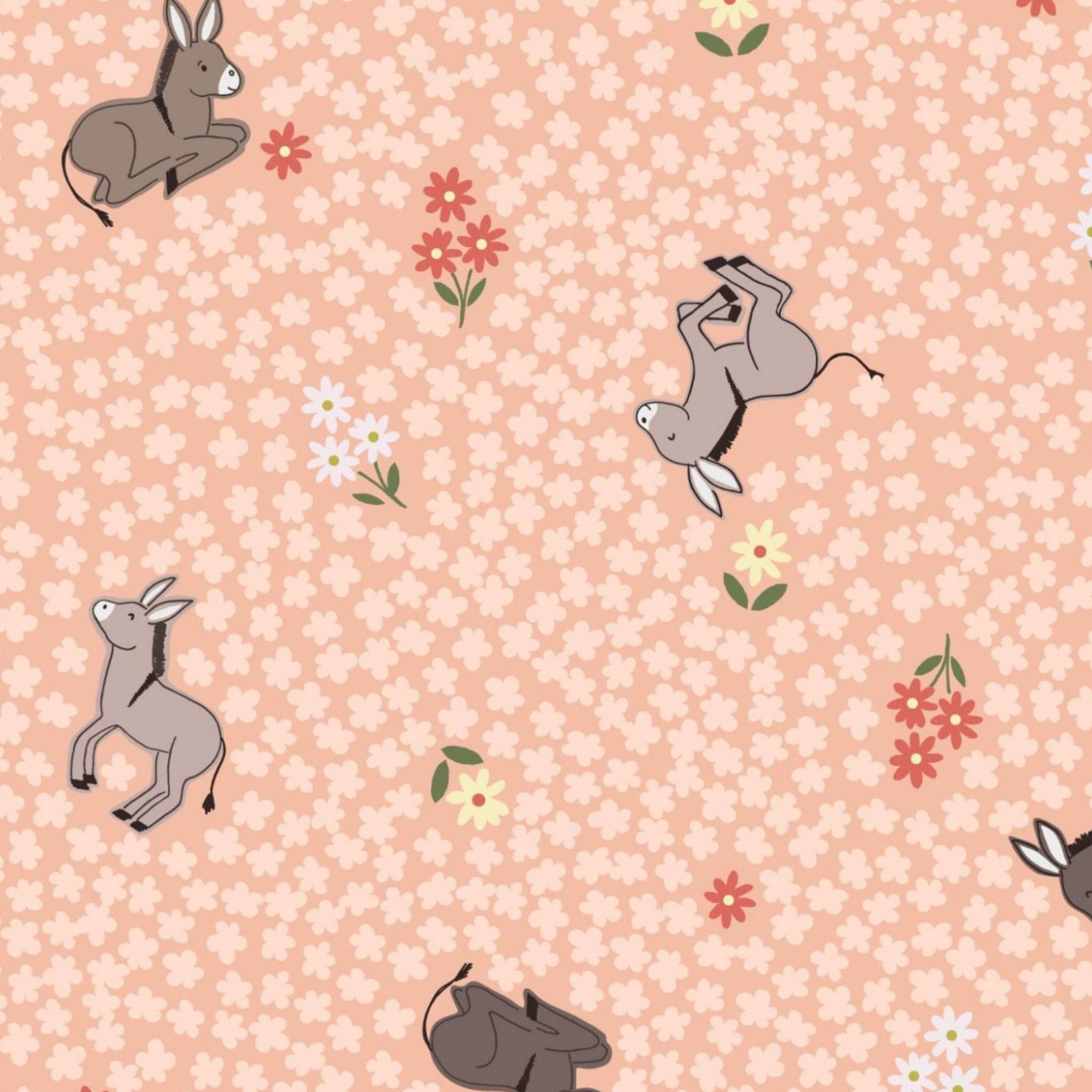 donkeys on floral peach cotton fabric - Piggy Tales by Lewis and Irene