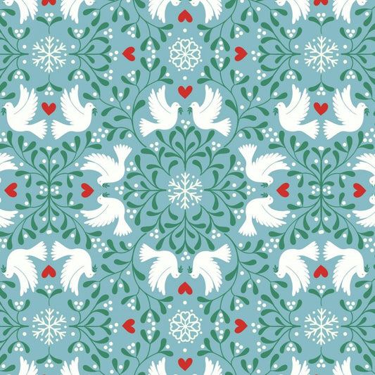 Fabric Doves on blue cotton - 'Hygge Glow' in the dark - Lewis & Irene