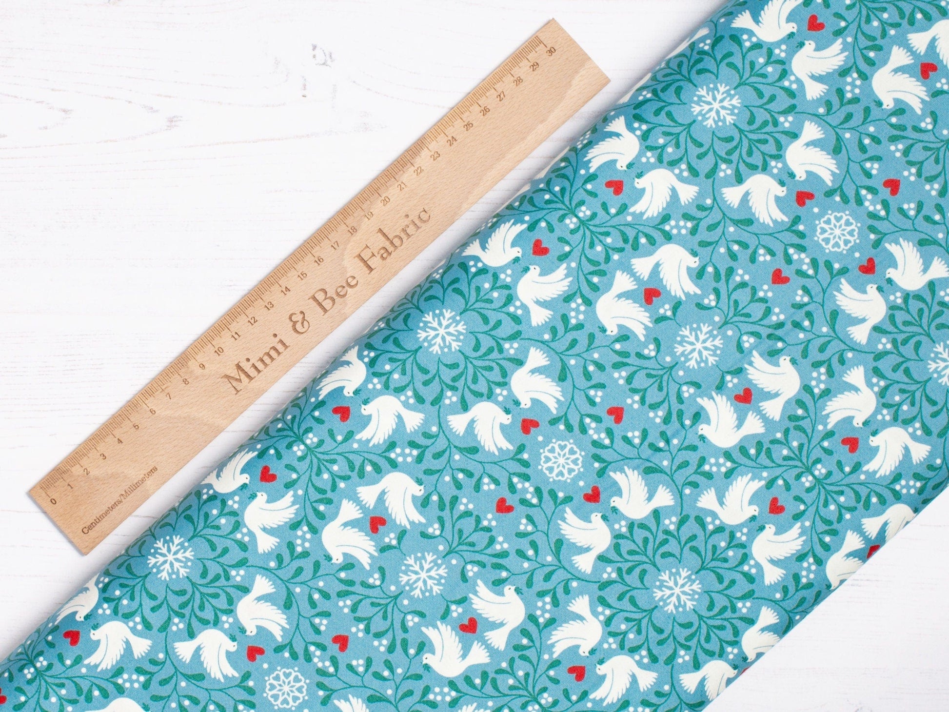 Fabric Doves on blue cotton - 'Hygge Glow' in the dark - Lewis & Irene
