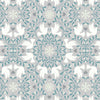 White doves, snowflakes and blue vines and leaves. Mirrored pattern on light grey 100% cotton fabric.