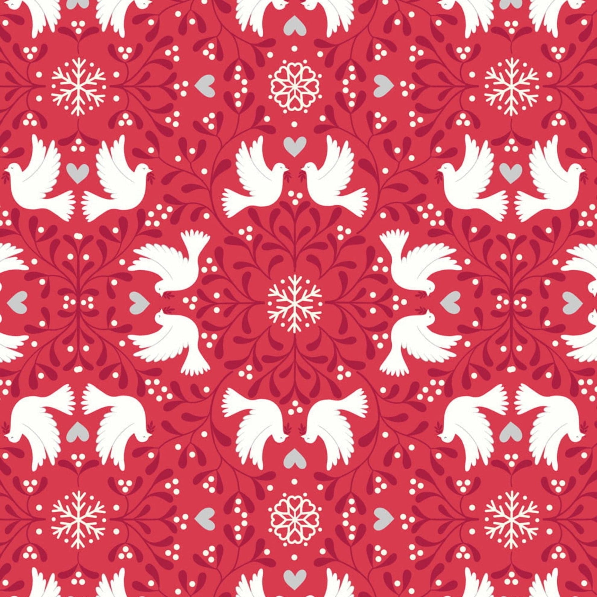 Fabric Doves on red cotton - 'Hygge Glow' in the dark - Lewis & Irene
