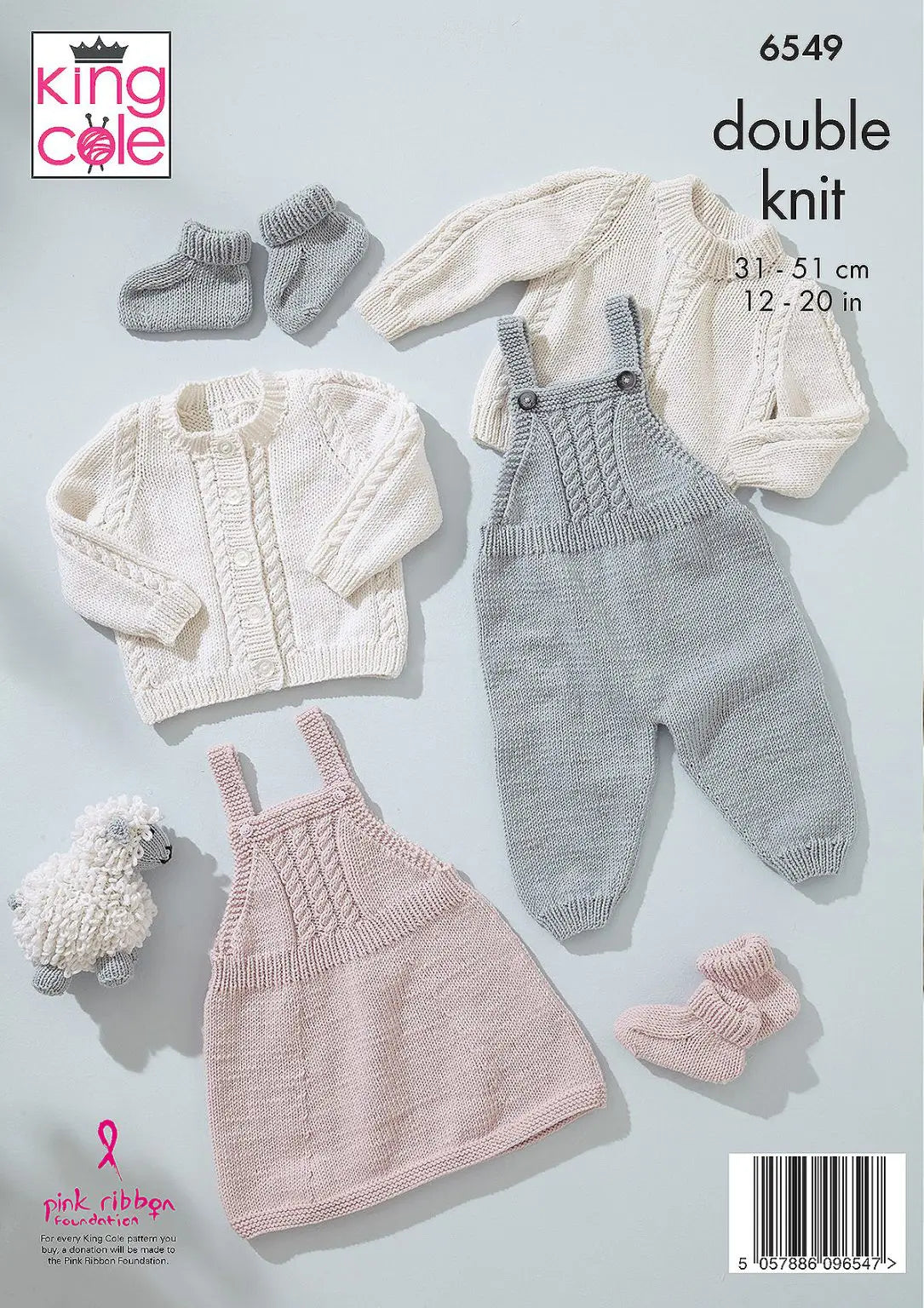 knitting-pattern Dungarees, Pinafore, Sweater, Cardigan and Bootees - Little Lamb DK - King Cole 6549