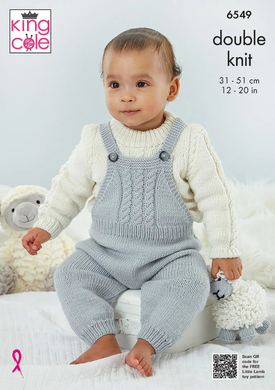 knitting-pattern Dungarees, Pinafore, Sweater, Cardigan and Bootees - Little Lamb DK - King Cole 6549