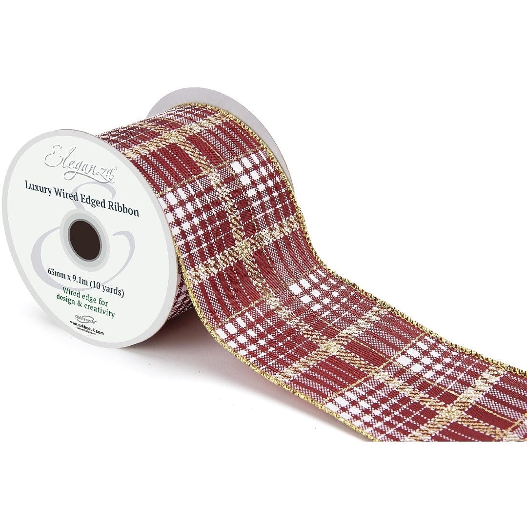 Eleganza Wired Edge Luxury Tartan Burgundy Gold Metallic No.473 63mm x 9.1m