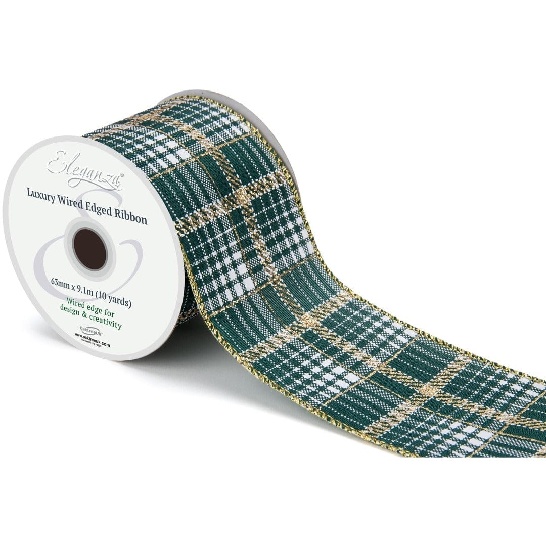 Eleganza Wired Edge Luxury Tartan Green Gold Metallic No.474 63mm x 9.1m