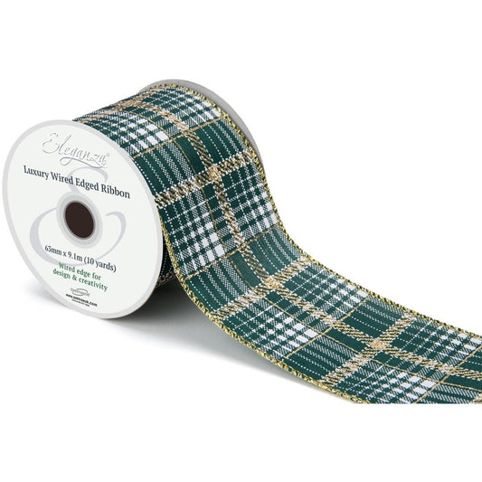 Eleganza Wired Edge Luxury Tartan Green Gold Metallic No.474 63mm x 9.1m