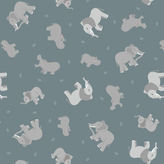 Fabric Elephants and hippos on grey/blue cotton fabric - Small Things - Lewis & Irene