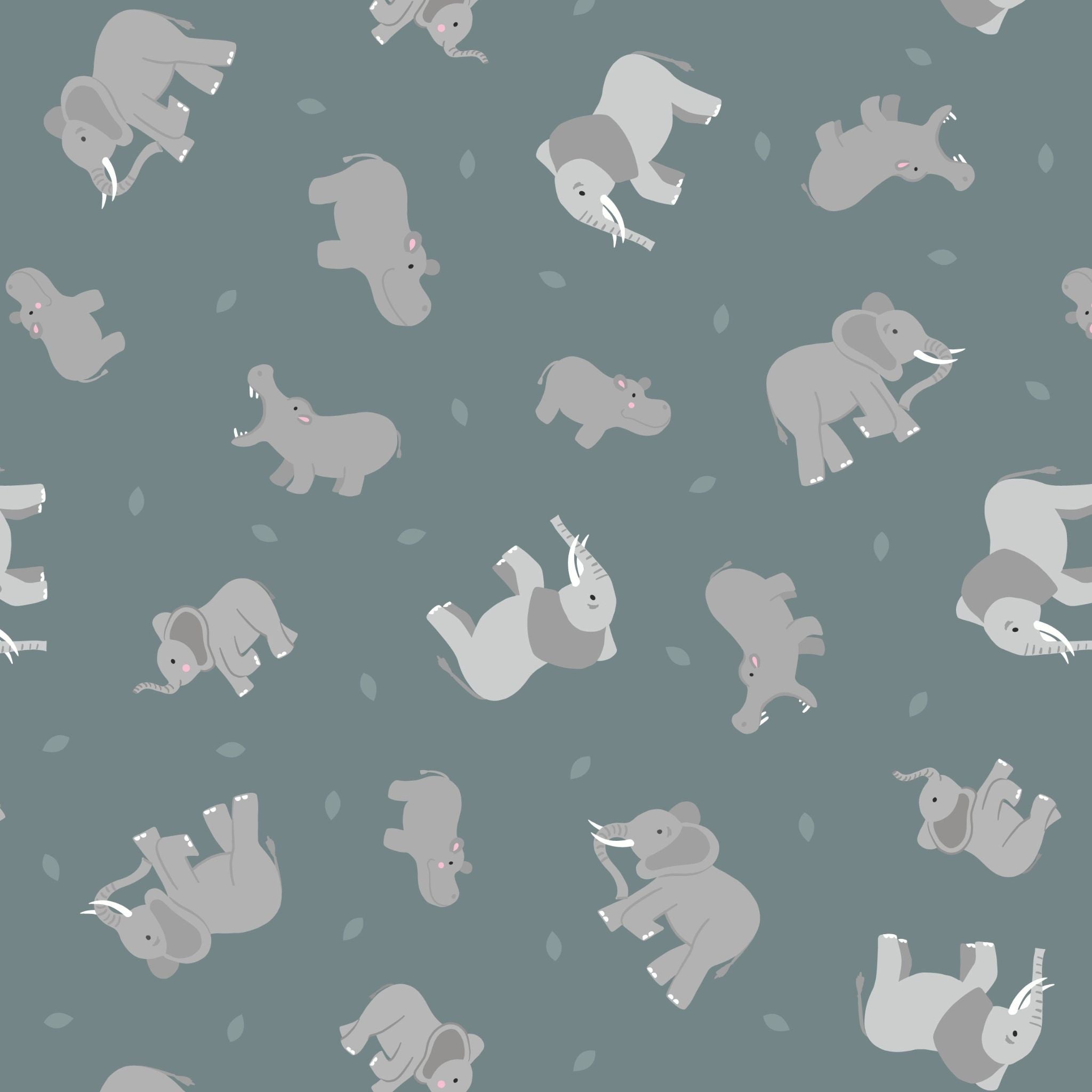 elephant and hippos on grey blue cotton fabric - Small Things by Lewis & Irene