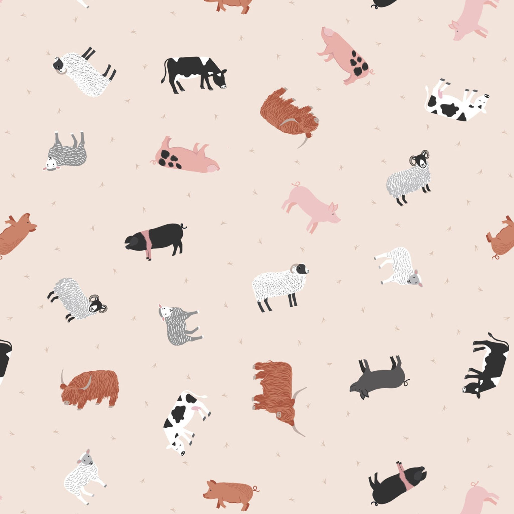 Cream fabric with small cows,sheep and pigs - Countryside by Lewis & Irene
