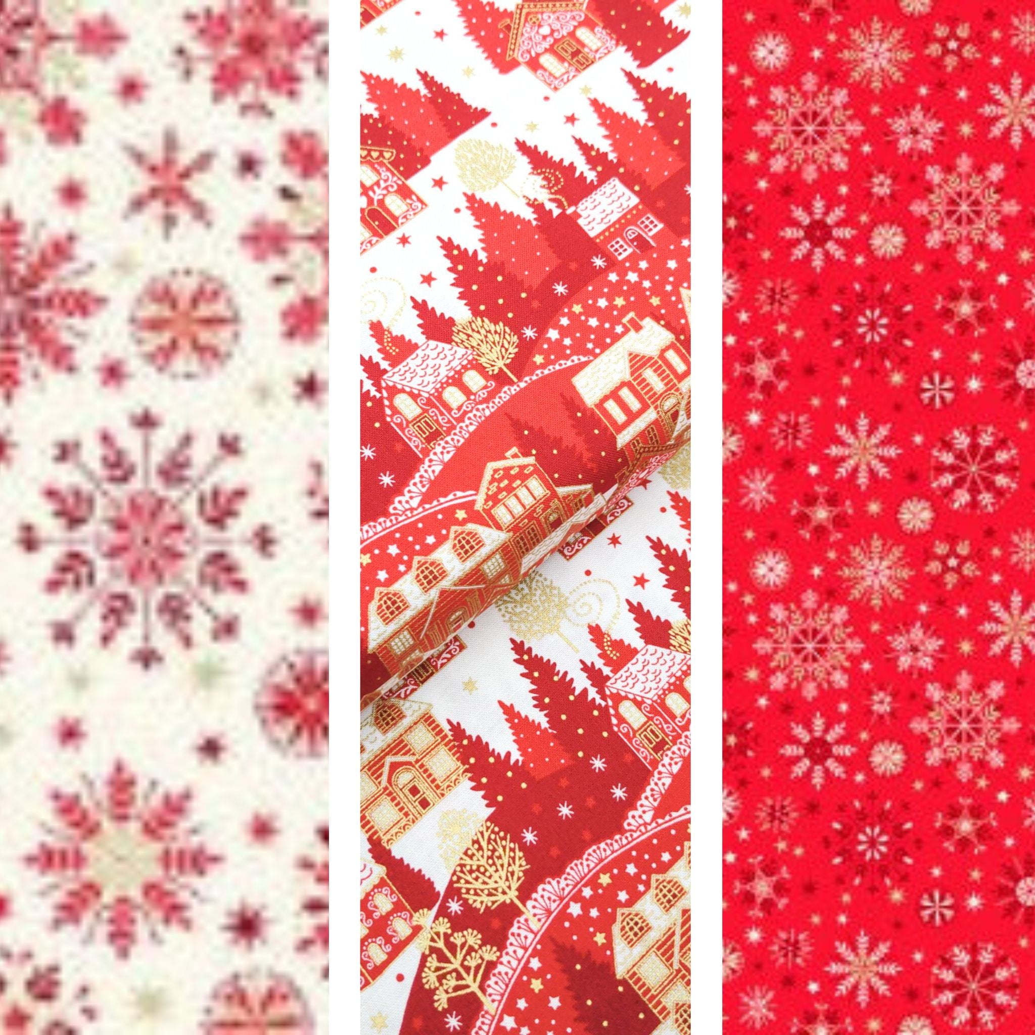 3 x fat quarters of scandi christmas village and scandi snowlflakes in red and cream - Scandi Christmas by Makower