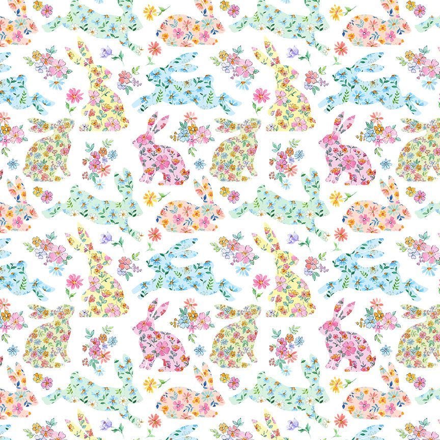 cotton fabric Floral bunny rabbits on white cotton - Hippity Hop - Timeless Treasures