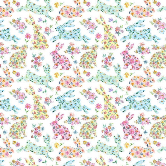 cotton fabric Floral bunny rabbits on white cotton - Hippity Hop - Timeless Treasures