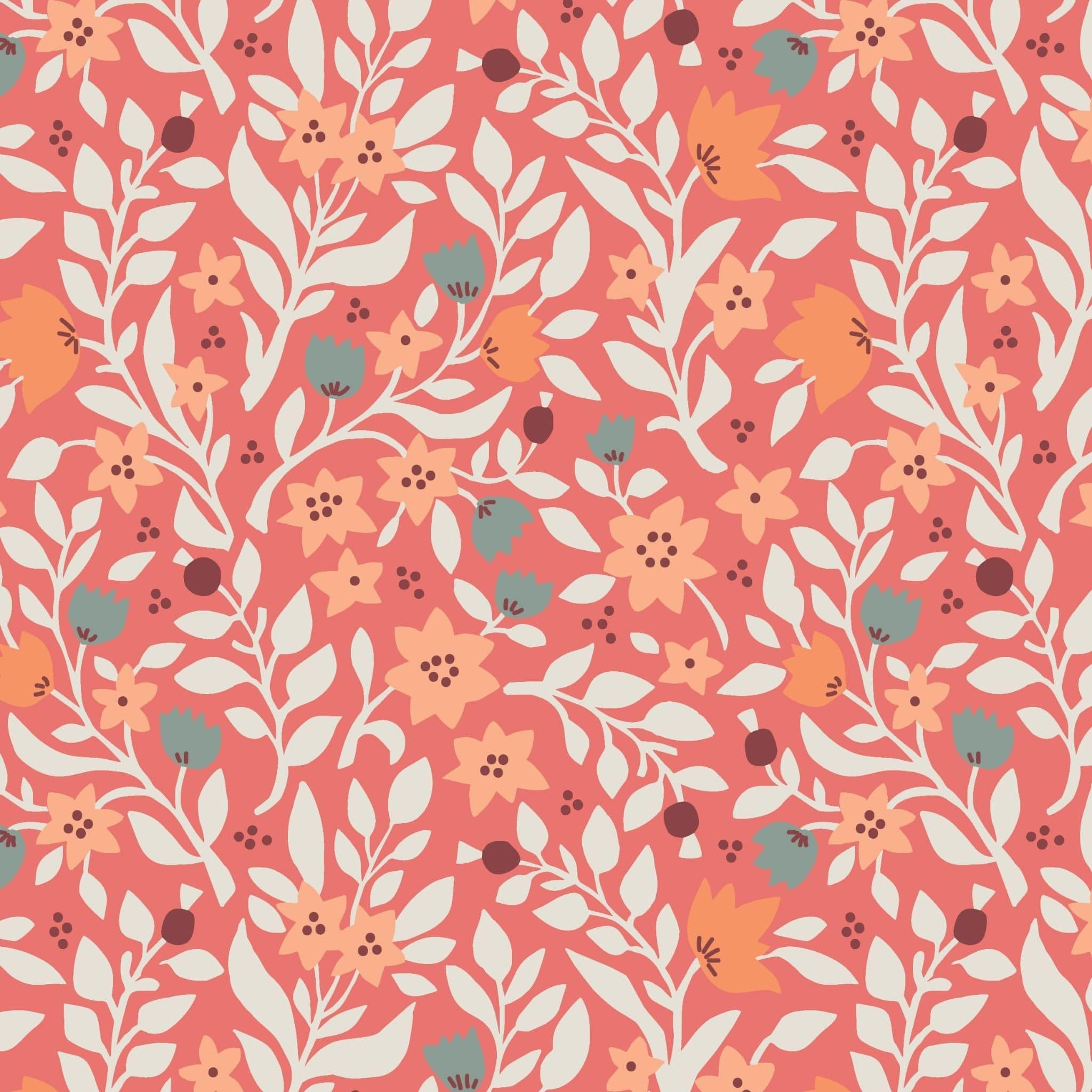 Fabric Flowers on Coral cotton fabric - Folk Floral by Lewis & Irene