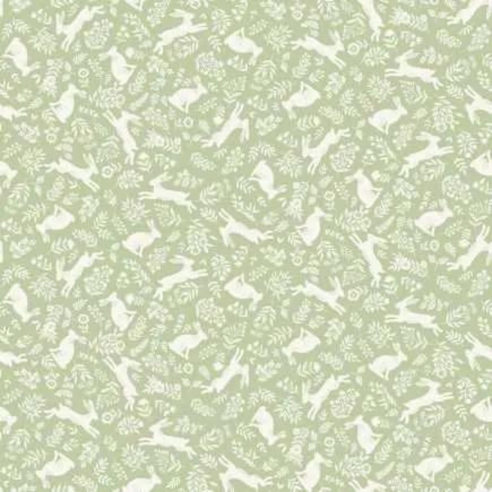 Rabbits leaping around on a sage green cotton - Foxwood by Makower
