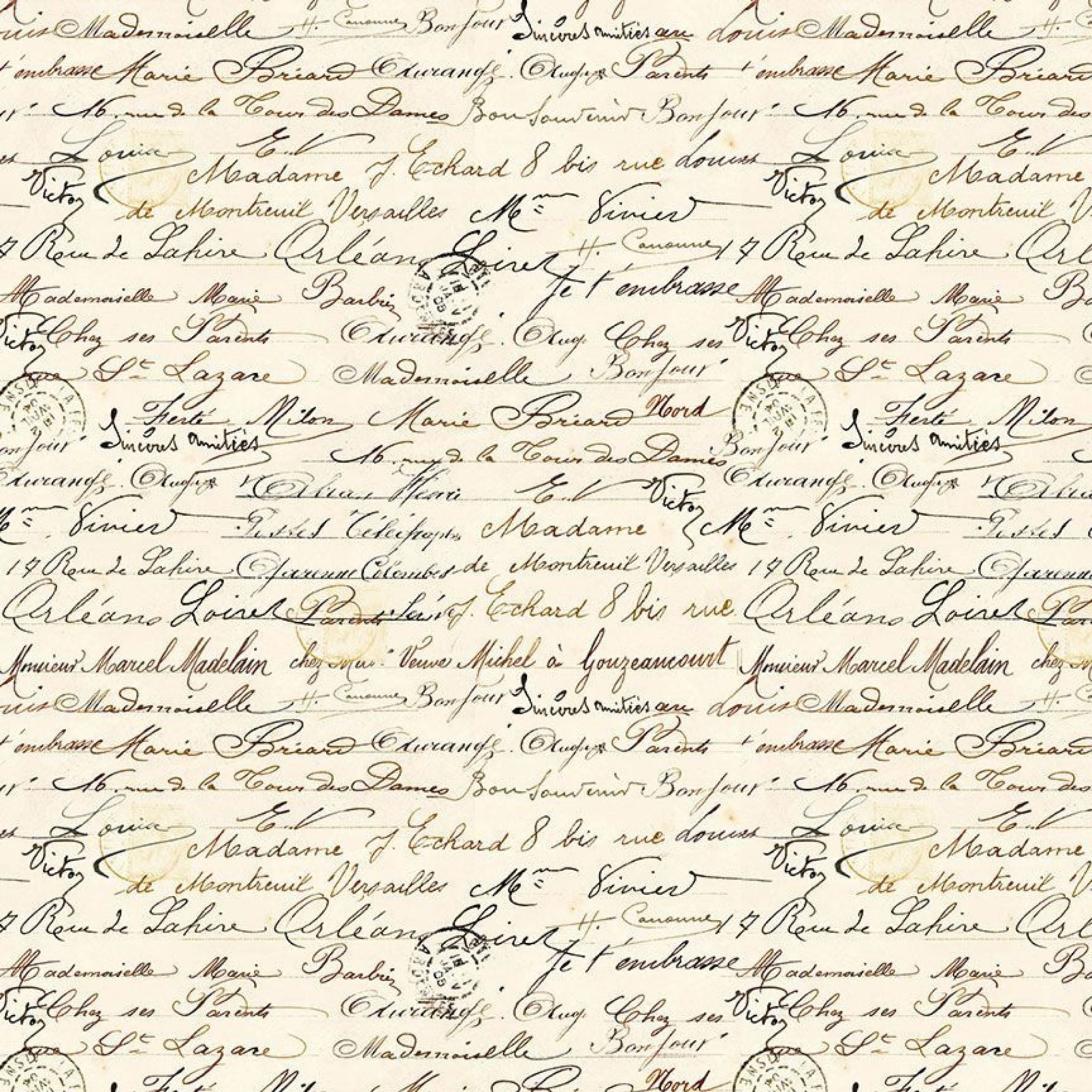 French letter writing text on cream cotton - Vintage Rose by Timeless Treasures