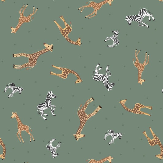 Fabric Giraffes and zebras on green cotton fabric - Small Things - Lewis & Irene