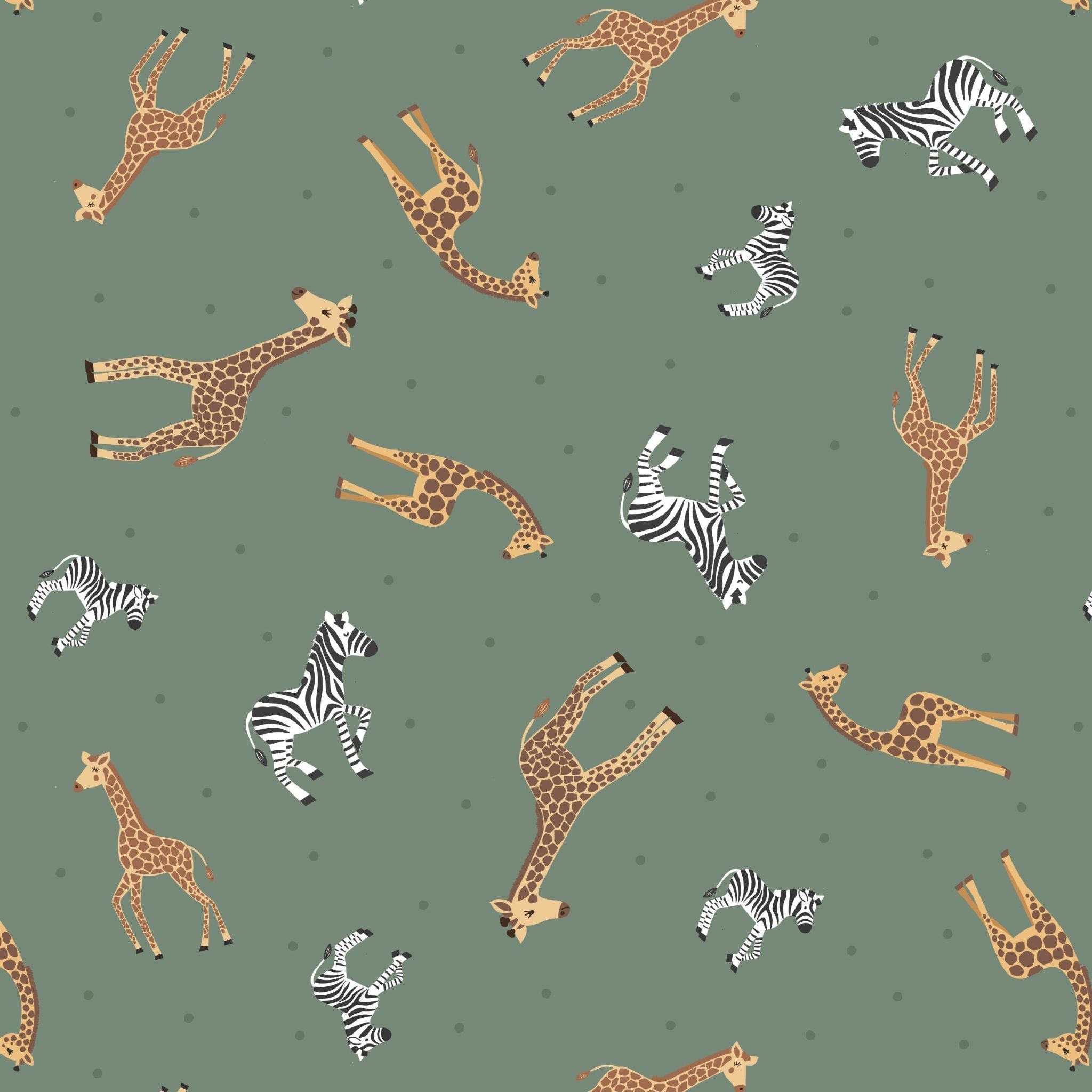 Giraffes and zebras on green cotton fabric - Small Things by Lewis and Irene