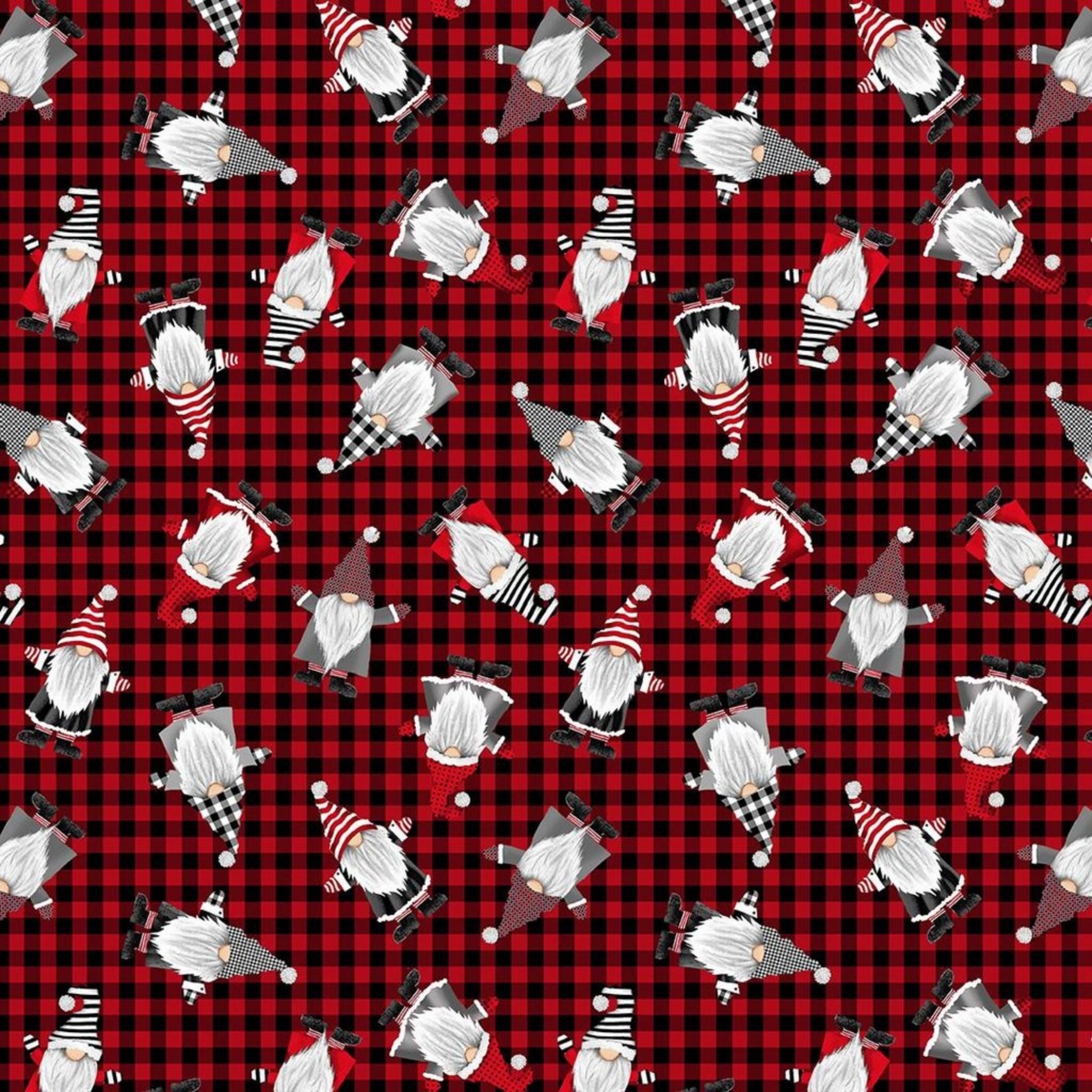 Gnomes on red tartan - Gnome for the holidays by Timeless Treasures