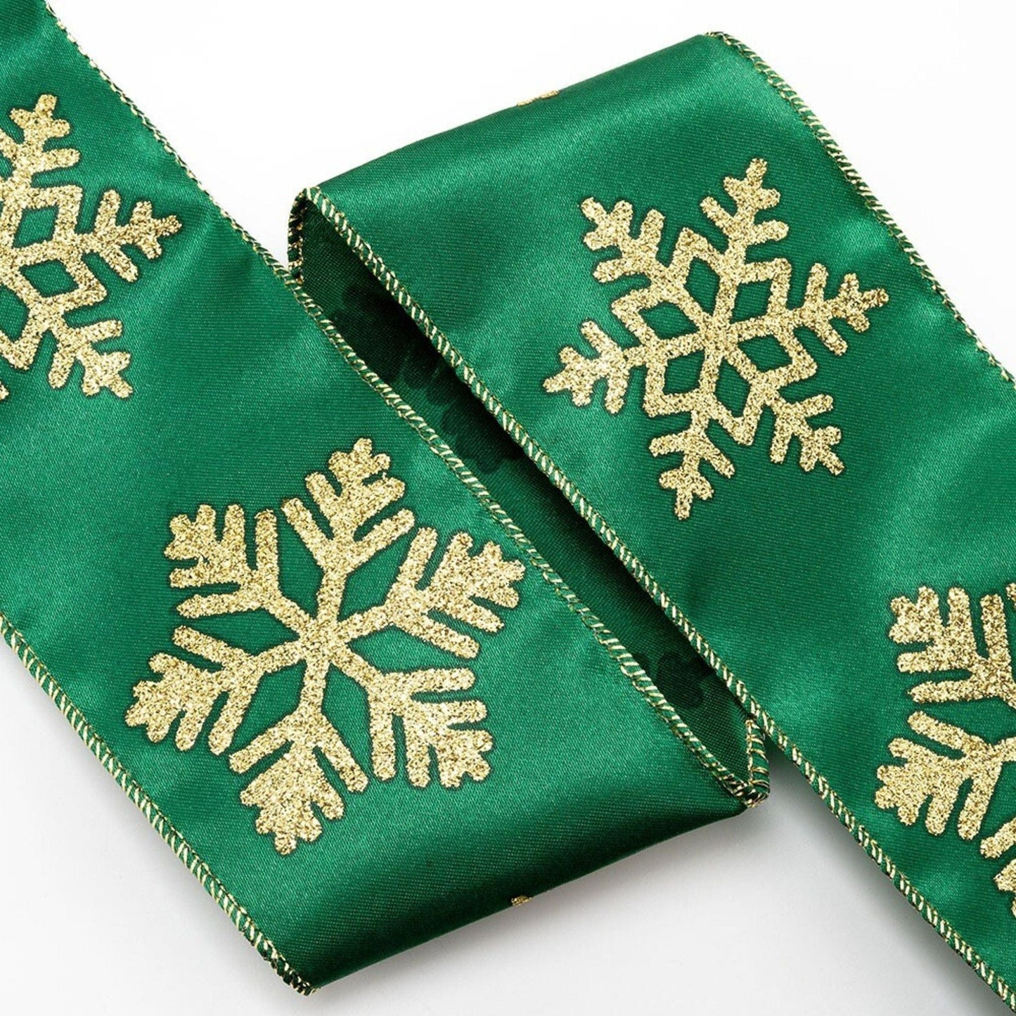 Gold and green wired snowflake ribbon