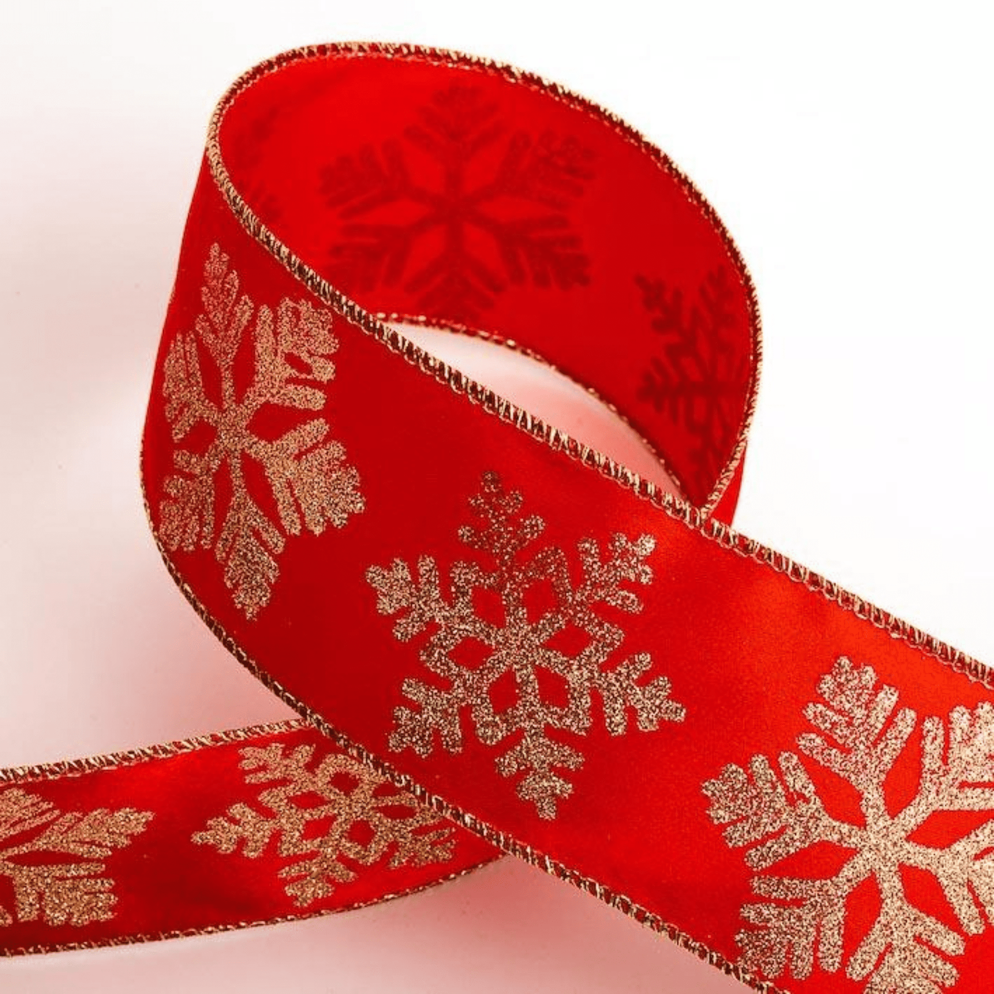 Gold and red wired snowflake ribbon