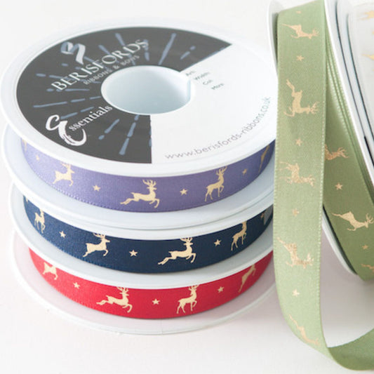 ribbon Gold stag on red Christmas ribbon - Berisfords