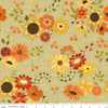 Autumn florals in orange, red and yellow on green cotton - Fall's in Town by Riley Blake