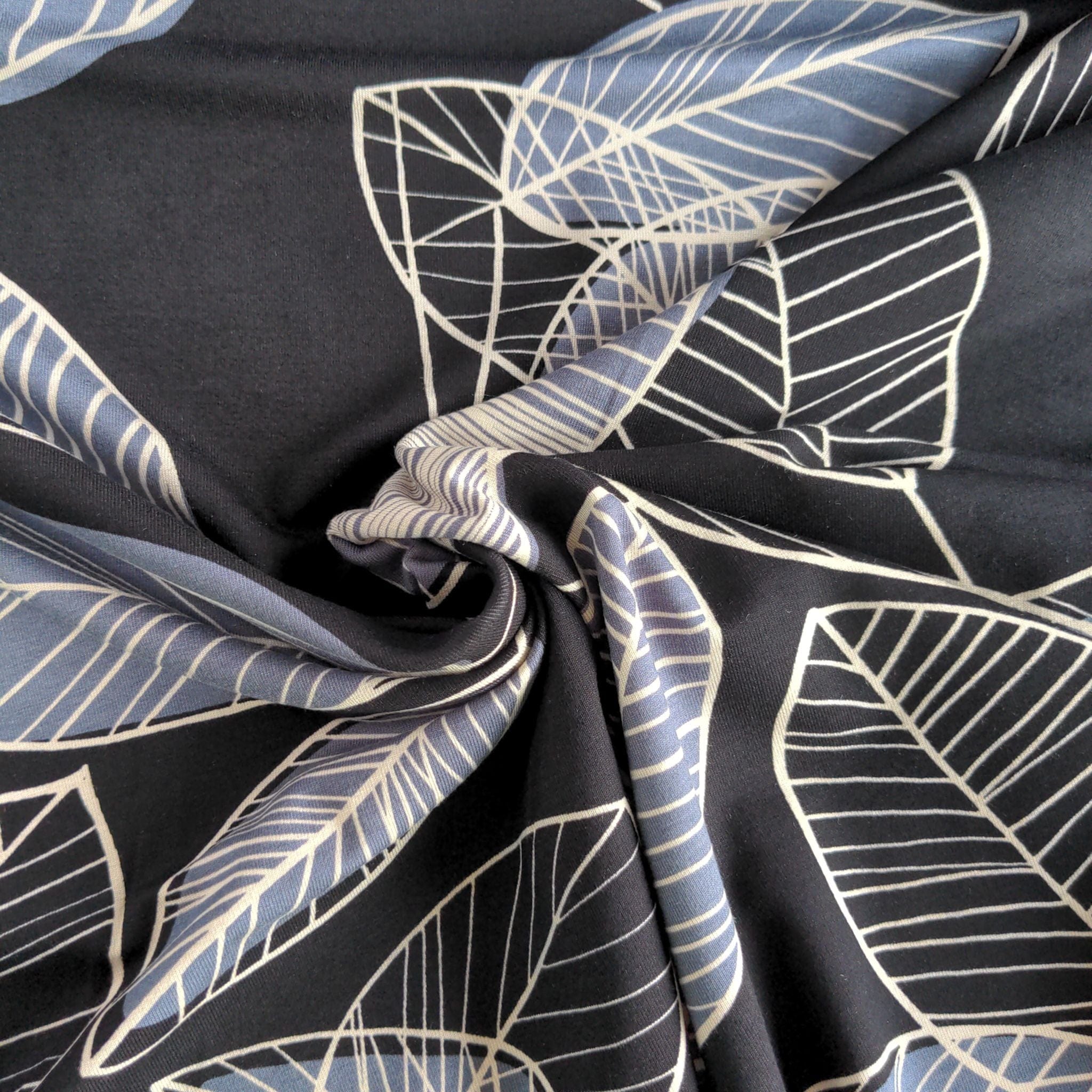 fabric Grey leaves viscose lycra jersey